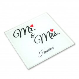 Glascoaster med teksten "Mr. & Mrs." og indgravering